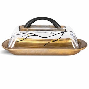 Hand Painted Glass Butter Dish with Handle: Silver & Gold Tree of Life