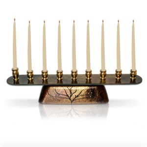 Hanukkah Menorah Warm Glow of Copper & Gold Tabernacle Menorah With Tree Of Life, Jewish Gifts for the Holidays
