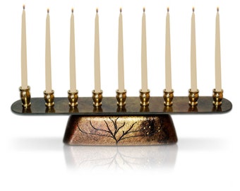 Hanukkah Menorah Warm Glow of Copper & Gold Tabernacle Menorah With Tree Of Life, Jewish Gifts for the Holidays