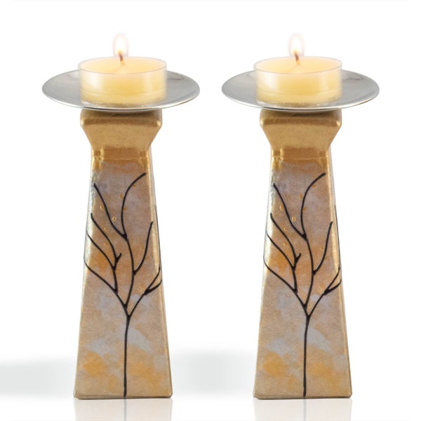 Silver Gold Tall Glass Candle Holder - Shabbat Candlesticks for Jewish Holiday and Bat Mitzvah