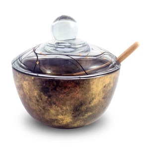 Bowl With Lid & Spoon Hand Painted Gold Copper Black Earthy Tone Colors