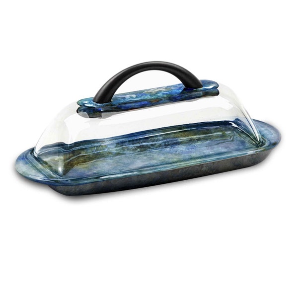 Handmade Butter Dish with handle hand painted Blue Lapis Sun Yellow and White, for your dining and serving needs