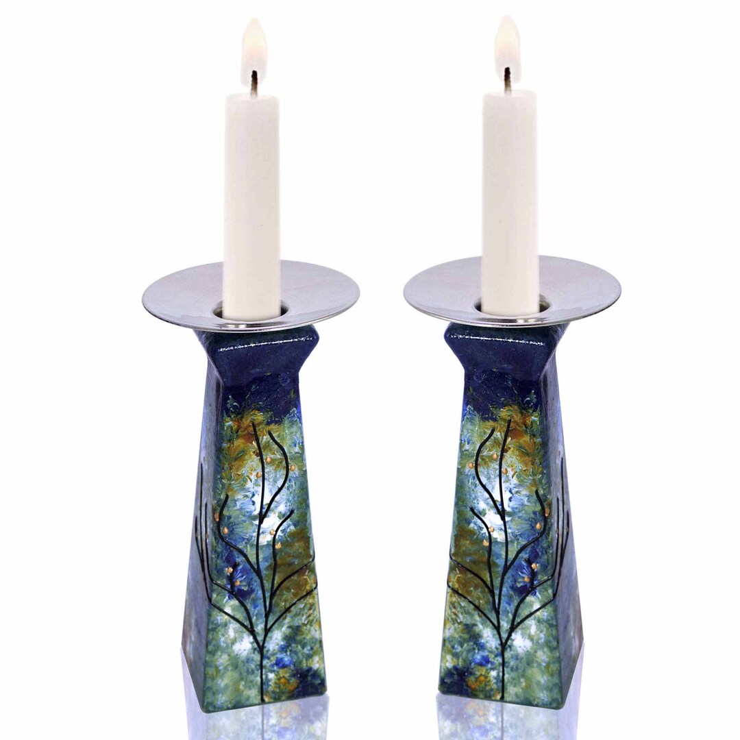 Tall Pyramid Candle Holder Hand Painted Lapis Blue Amber Etsy