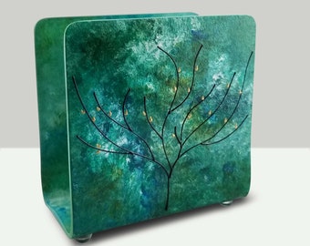 Handmade Glass Napkin Holder: Teal Green Tree of Life Design
