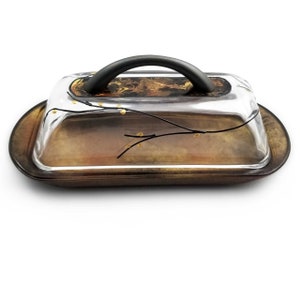 Hand Painted Glass Butter Dish: Copper Gold Tree of Life