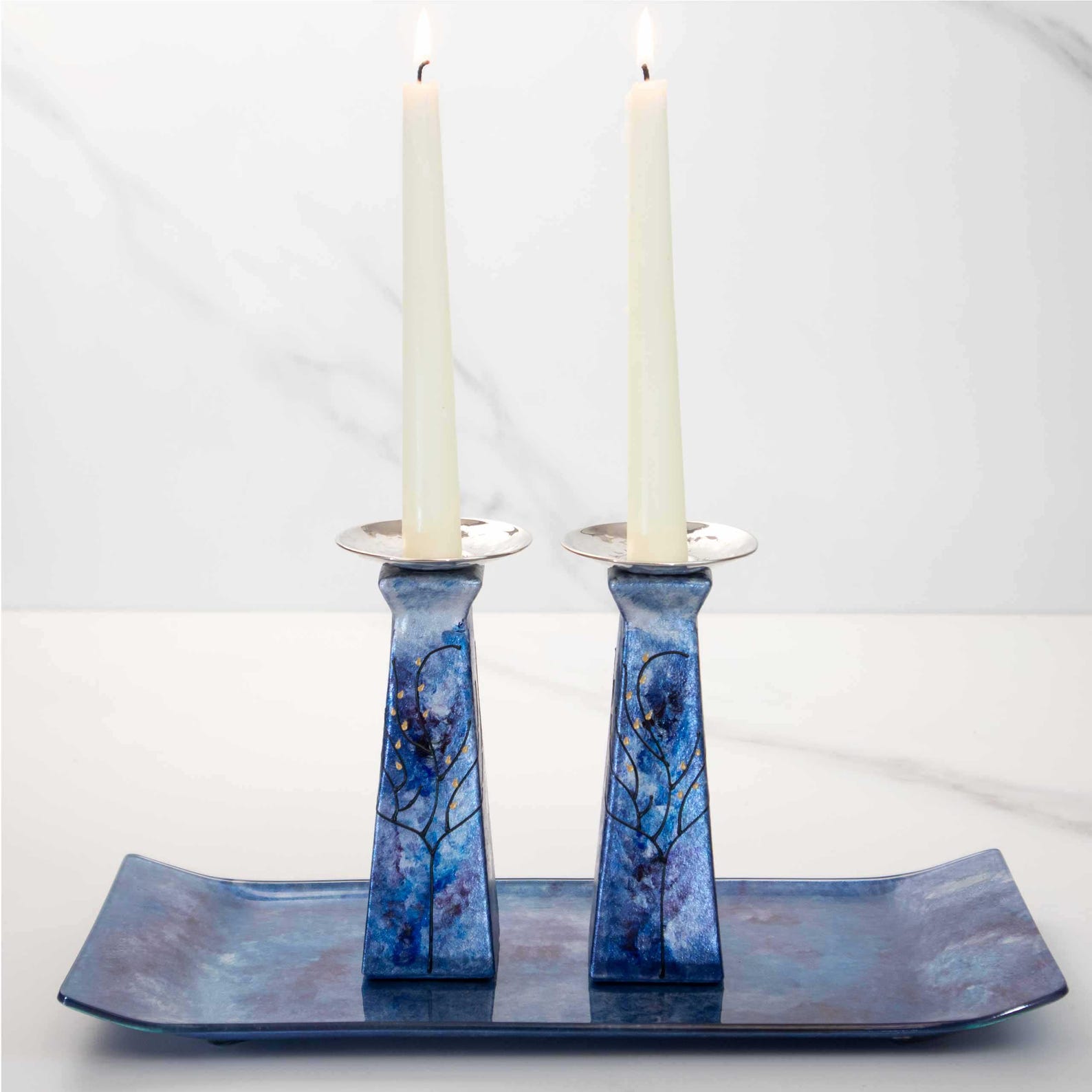 Shabbat Candle Holder Set: Tree of Life Design In Blue, Silver Purple Colors - Add a Tray