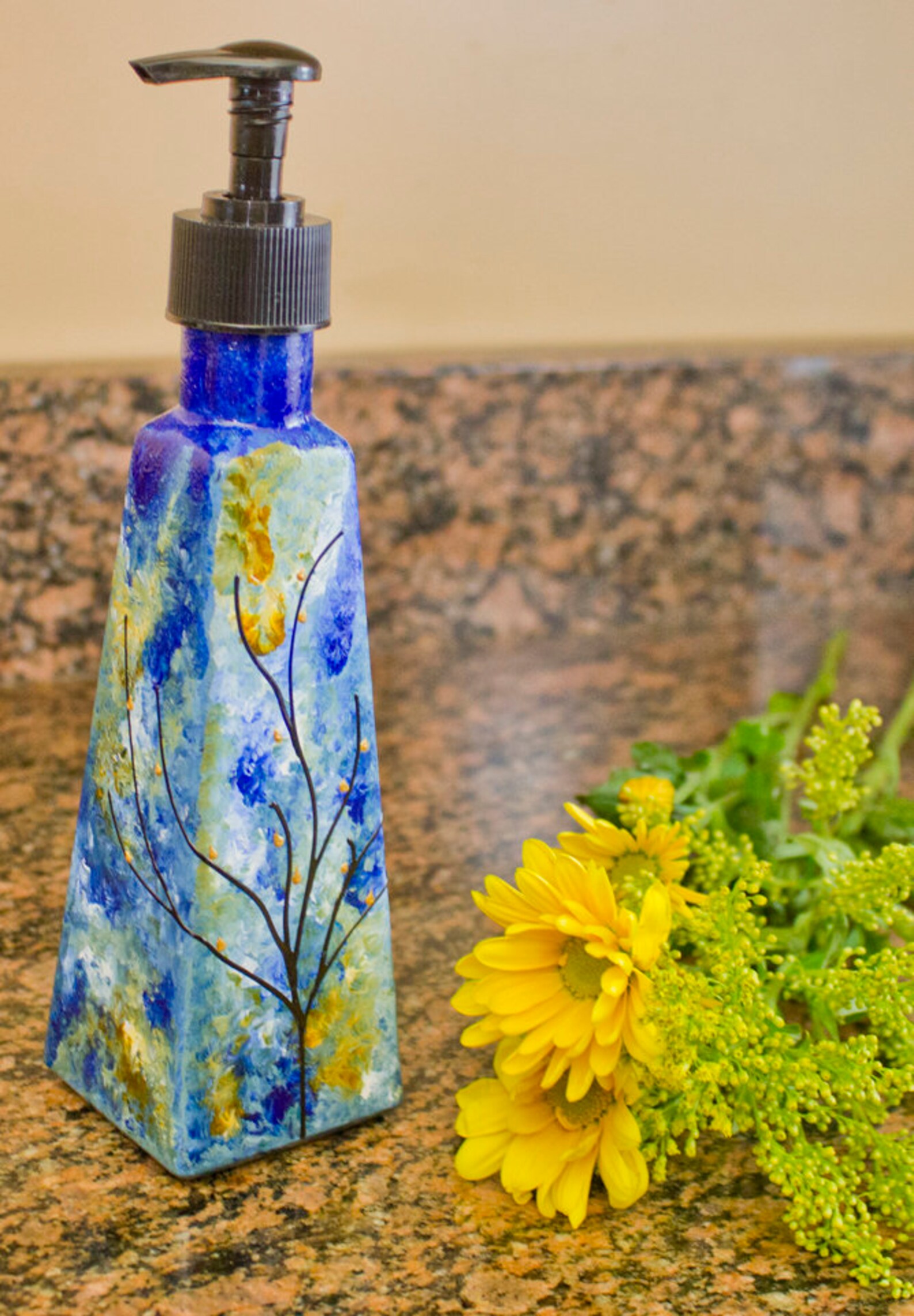 Hand Painted Soap Dispenser Blue Amber and White Etsy