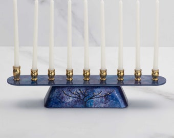 Contemporary Hanukkah Menorah In Amethyst, Blue & Silver Colo Tabernacle Menorah With Tree Of Life, Jewish Gifts for the Holidays