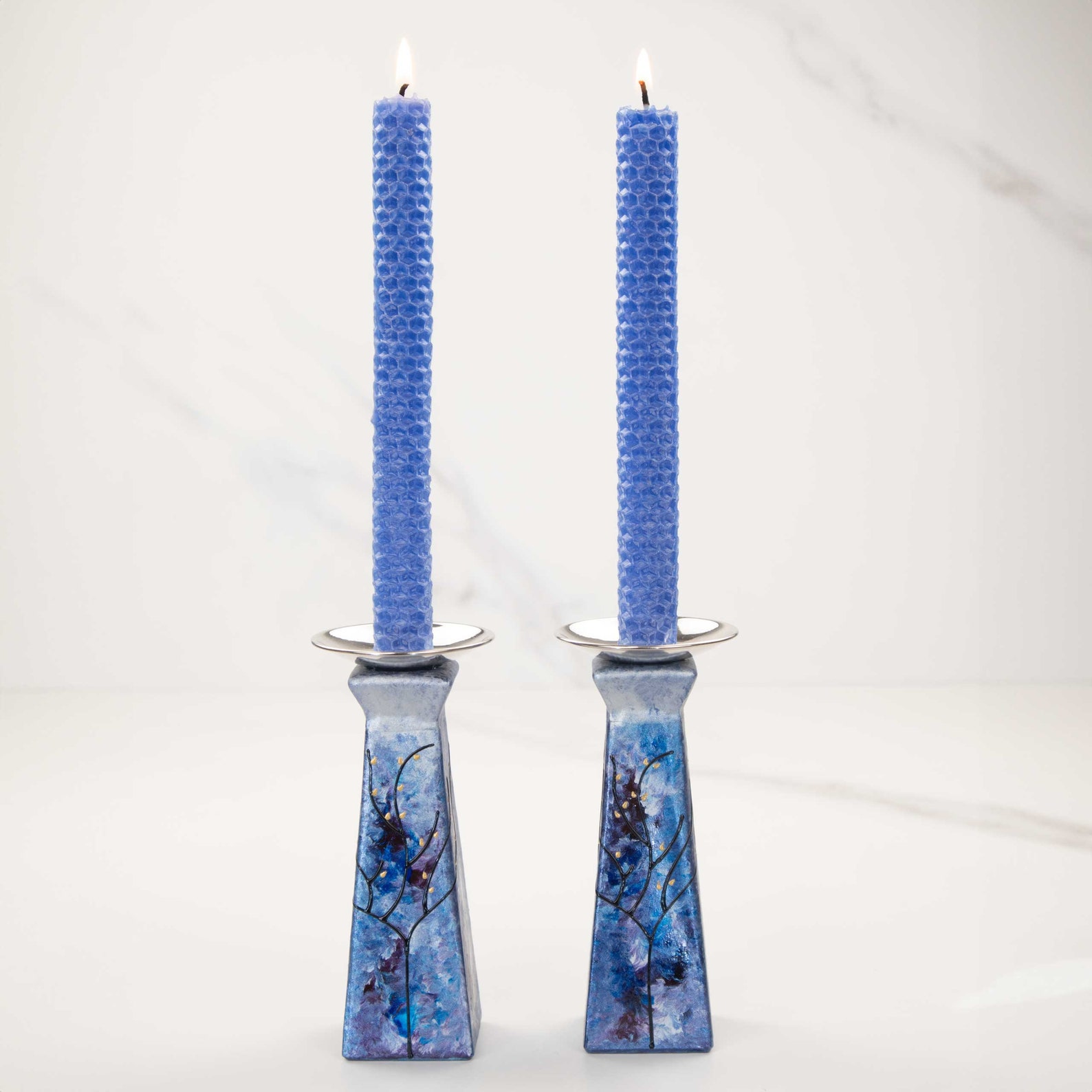 Shabbat Candle Holder Set: Tree of Life Design In Blue, Silver Purple Colors - No Tray