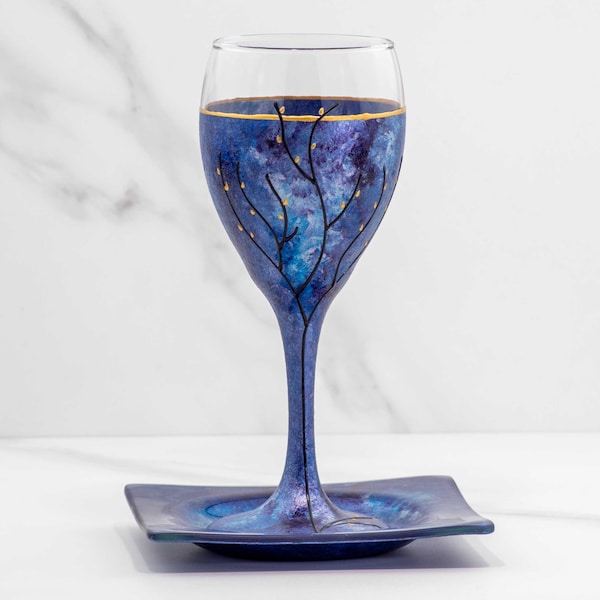 Kiddush Cup Hand Painted Purple Blue and Silver, Wine Glass, Unique Wedding Gift, housewarming gift, bridal shower, Gift for Him, handmade