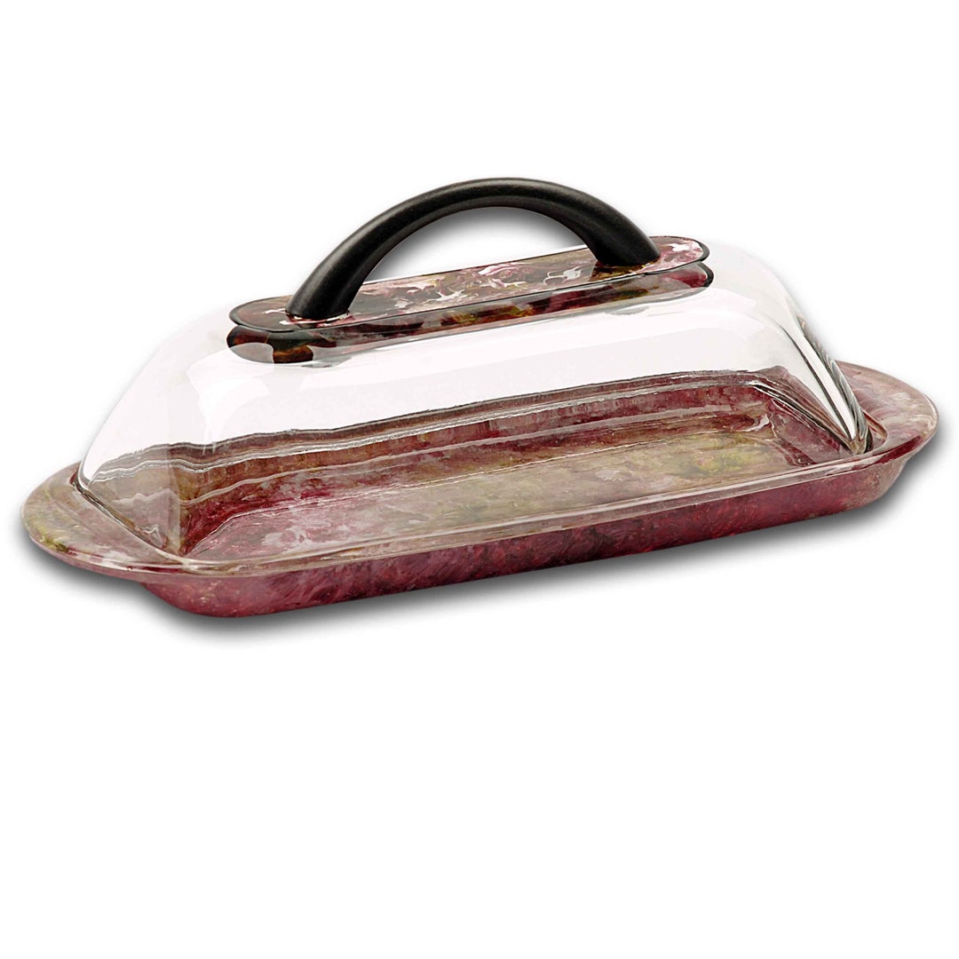 Pink Glass Butter Dish With Lid and Metal Handle, Unique Housewarming
