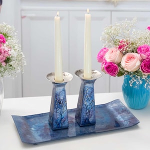 Shabbat Candle Holder Set: Tree of Life Design In Blue, Silver Purple Colors