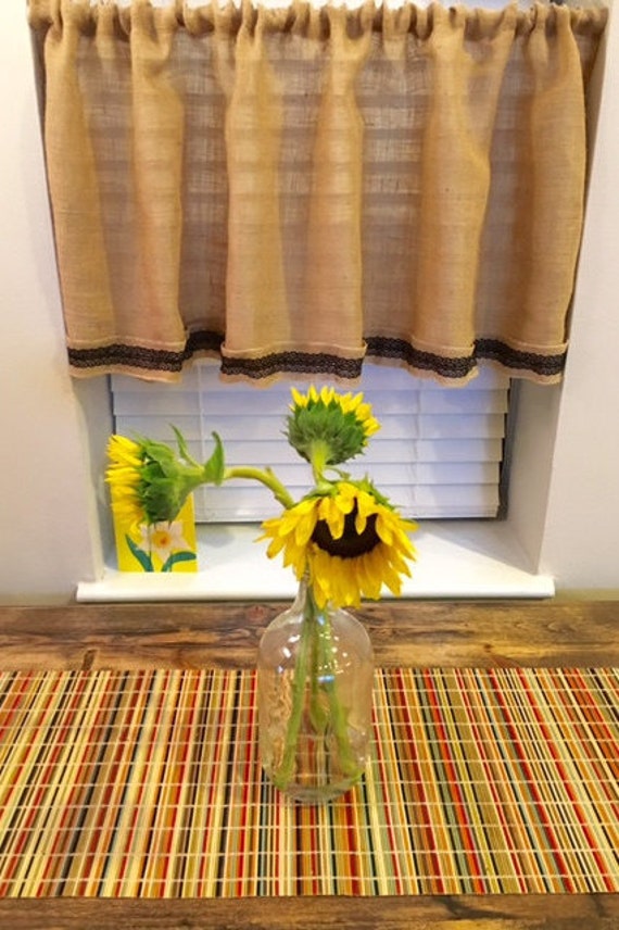 Window Burlap Valance With Black Lace Ribbon Handmade Burlap Etsy