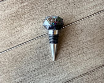 Resin Wine Stopper with Black Holographic Glitter | Handmade Bar Accessory Gift