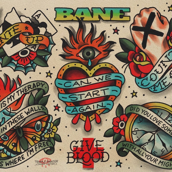 BANE hardcore straight edge traditional tattoo flash print