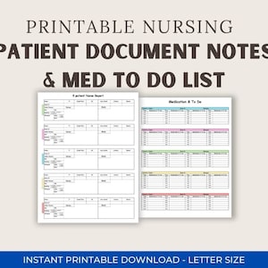 May include: Printable nursing patient document notes and medication to-do list. Two pages with blank tables for recording patient information and medication details. The pages are letter size.