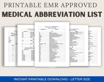 May include: Printable medical abbreviation list with three pages showing abbreviations and their meanings. The list is organized alphabetically and includes common medical terms and acronyms.
