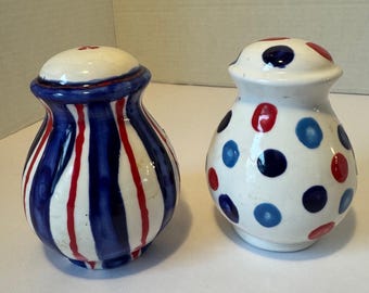 Vtg Red,White, Blue Salt + Pepper Shakers Stripes Polka Dots