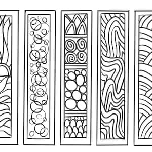 May include: Five black and white bookmark designs with different patterns. The designs include a sun with rays, circles, swirls, waves, and a geometric pattern.