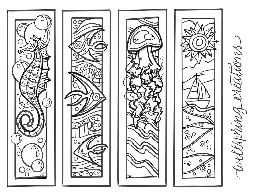 Printable Sea/ocean Coloring Bookmarks Set of 4, Instant Digital
