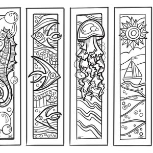 Puede incluir: Cuatro diseños de marcapáginas imprimibles en blanco y negro con un caballito de mar, un pez, una medusa y un velero. Los marcapáginas forman parte de un conjunto llamado "wellspring creations".