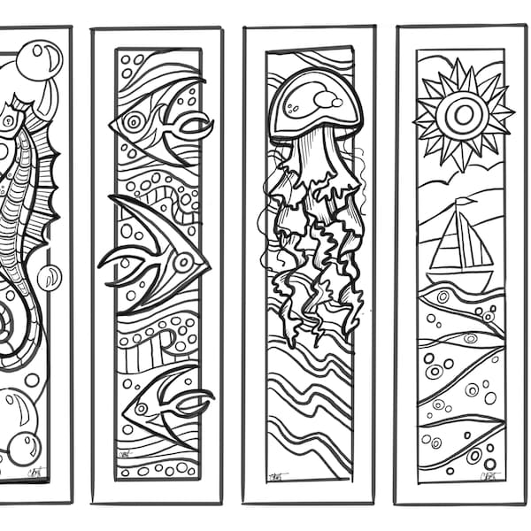 Printable  sea/ocean coloring bookmarks ~ set of 4, instant digital download.