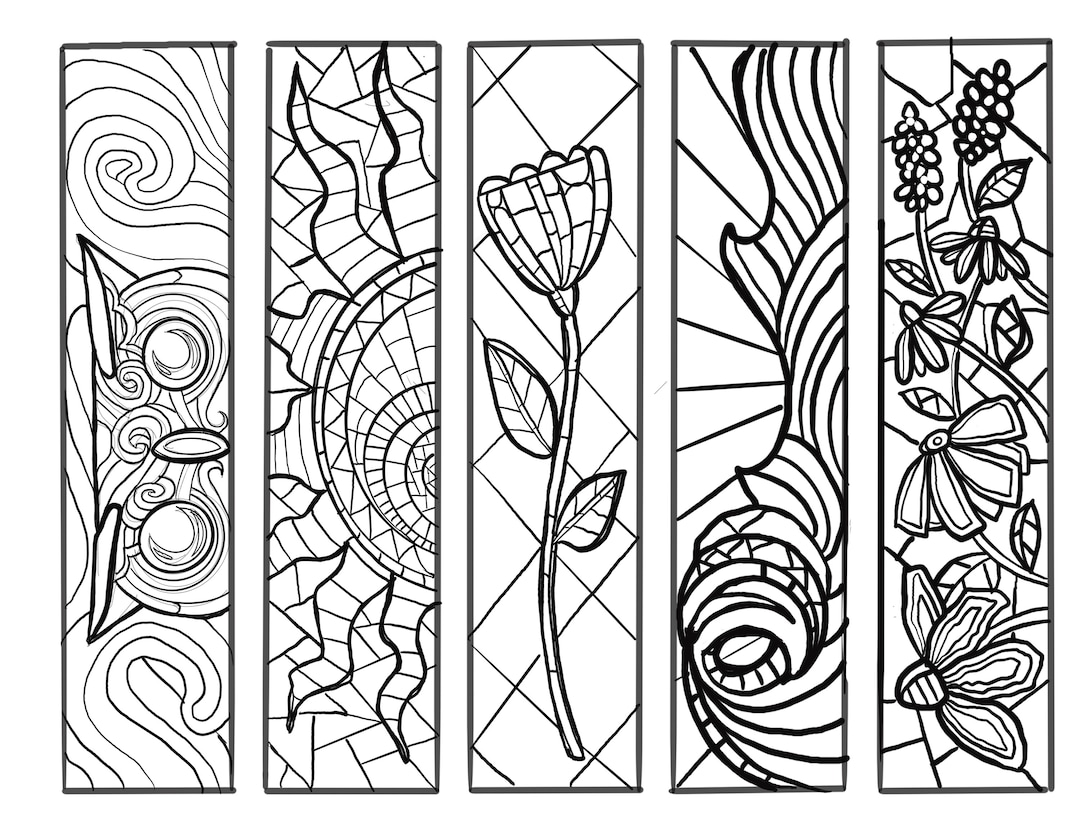 Printable Mosaic Coloring Bookmarks Set of Four, Instant Digital