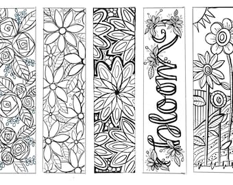 Marcapáginas para colorear con motivos florales - descarga instantánea - impresión digital