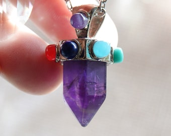 7 Chakra Amethyst Necklace, semi precious gems, Dowsing Pendulum, 925 silver, turquoise, Lapis Lazuli, Agate, Tiger Eye