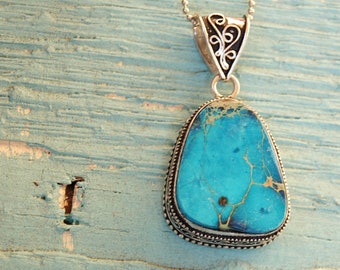 Turquoise Blue Pendant, Sea Sediment Jasper,  925 Silver Vintage Pendant 2"