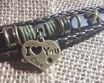 Leather & Brass "I Love You" bracelet, natural soft leather bracelet - snap closure