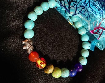 Elephant 7 Chakra Bracelet, FREE Gift pouch FAST Shipping OREGON Turquoise, Amethyst, TigerEye