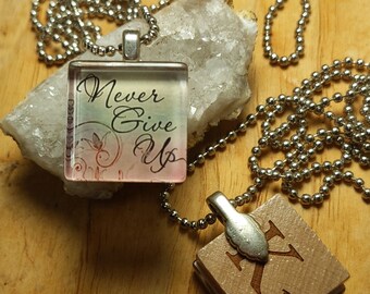 NEVER GIVE UP Necklace Scrabble Piece, Hand-Made Unique Inspirational Gift, Support Gift, Scrabble Necklace in Free Gift Pouch, Oregon usa