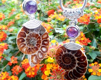 Ammonite Fossil & Amethyst Crystal Necklace, 925 Silver, Stainless Steel Chain, Free Gift Pouch Fast from Oregon USA