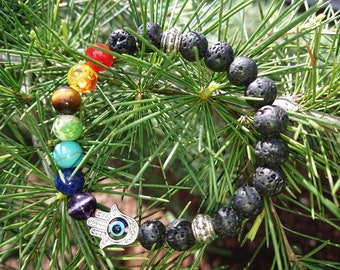 Evil Eye Protection Bracelet, 7 CHAKRA Lava Stone Bracelet, FREE Gift Pouch Oregon, Rainbow Colors PRIDE