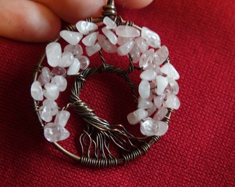 Tree of Life Rose Quartz Necklace -  Wire Wrap Pendant Gift - Pink Quartz Gift - Spiritual Gift - Handmade Jewelry Gift