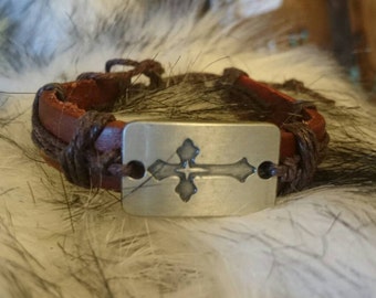 Leather & Steel Crucifix Bracelet, Cross Bracelet, Handmade Adjustable Length