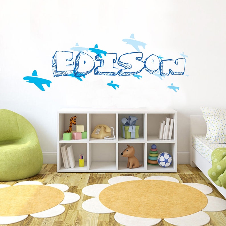 BLUE Airplane Butterfly Dragonfly Font 1 Made-to-Order Baby Girl Boy Name Kid Room Nursery Wall Art d\u00e9cor Decal Sticker