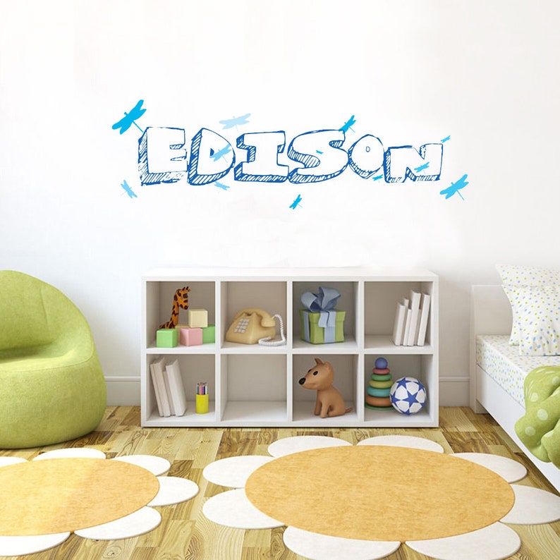 BLUE Airplane Butterfly Dragonfly Font 1 Made-to-Order Baby Girl Boy Name Kid Room Nursery Wall Art d\u00e9cor Decal Sticker