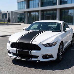 May include: A white two-door sports car featuring a wide matte black racing stripe running down the center of the hood and front bumper, framed by thin white pinstripes. The vehicle has a black honeycomb grille and dark multi-spoke alloy wheels.