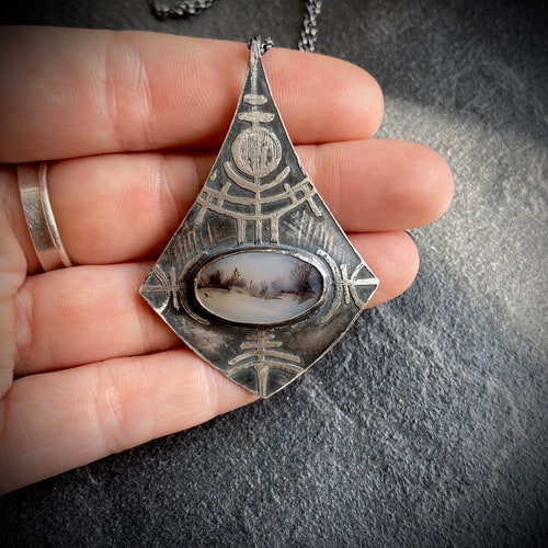 Viking Rune Pendant with Dendritic Agate, 16
