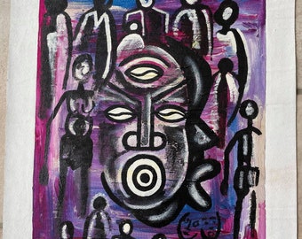 May include: Abstract painting featuring a central black and white mask surrounded by figures in shades of purple, pink, and blue. The mask has a large eye and a circle with a smaller circle inside.