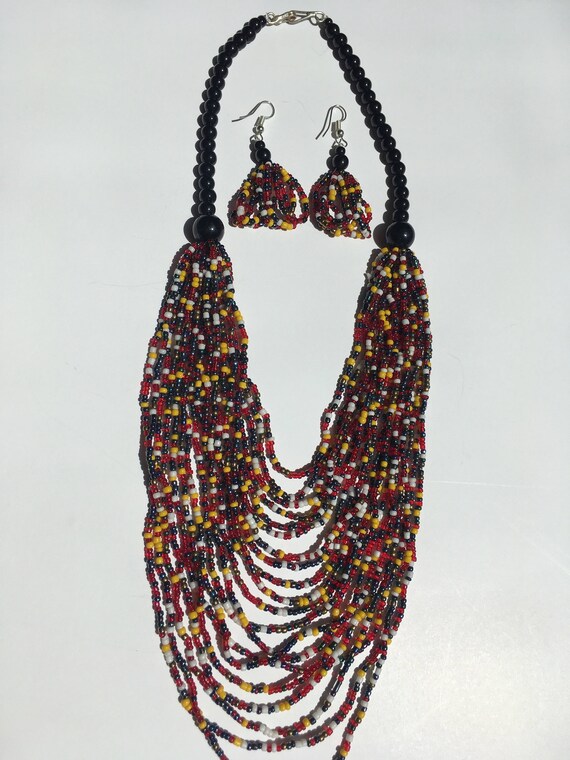 Multi-strand hand beaded African necklace and matching beaded earrings from Burkina Faso - RED MULTICOLOR