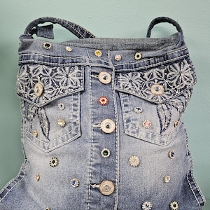 Denim crossbody handbag, handmade upcycled jacket bag with rhinestones.