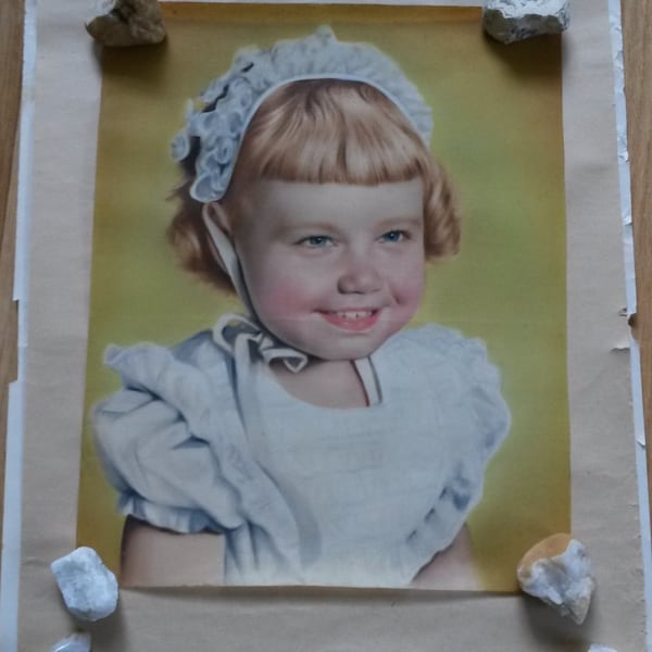 Photograph 1950's Silk Screened of Little Girl in Sunday Bonnet