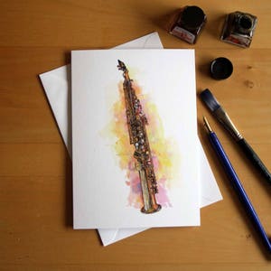 Sopran Saxophone Pen and Ink Grußkarte, illustriert von Steve Barker. Entworfen und gedruckt in Großbritannien