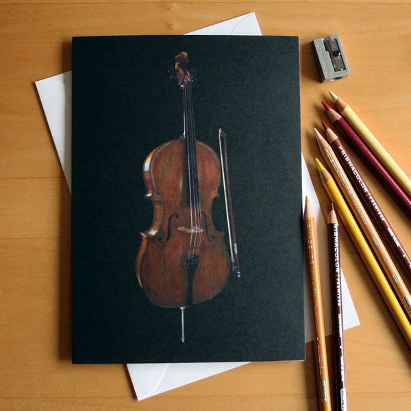 Cello coloured pencil drawing greeting card, illustrated by Steve Barker. Designed and printed in the UK