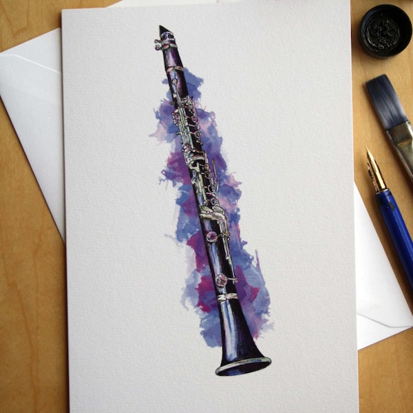 Buffet R13 Clarinet pen and ink greeting card, illustrated by Steve Barker. Designed and printed in the UK