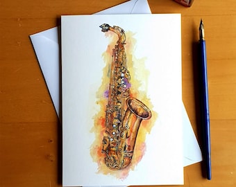 Alto Saxophone Art Greeting Card Pen and Ink Drawing