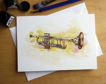 Yamaha YTR 6335H Trumpet pen and ink greeting card, illustrated by Steve Barker. Designed and printed in the UK